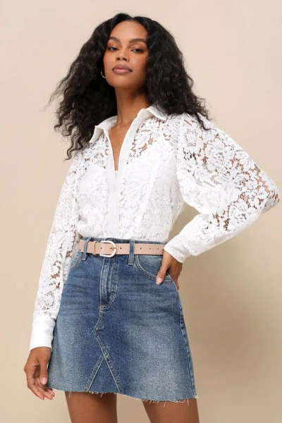 Lulus Delicate Perfection Ivory Sheer Lace Long Sleeve Button-up Top