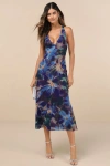 Lulus Delight In Elegance Blue Multi Floral Halter Cutout Midi Dress In Blue