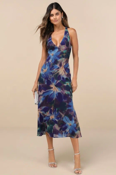 Lulus Delight In Elegance Blue Multi Floral Halter Cutout Midi Dress