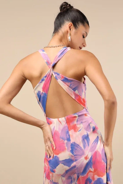 Lulus Delight In Elegance Blush Multi Floral Halter Cutout Midi Dress In Pink