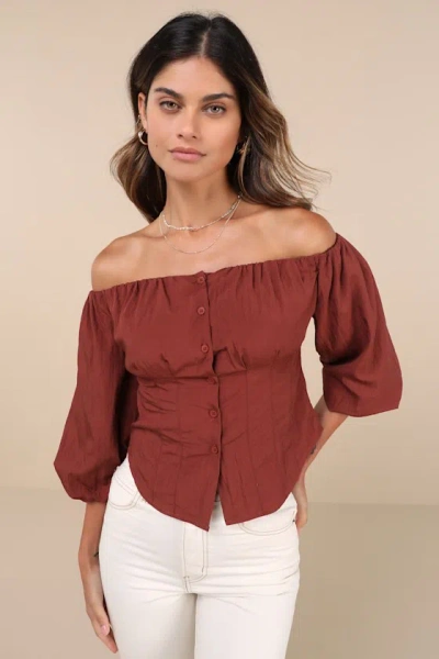 Lulus Delighted Approach Rust Brown Puff Sleeve Off-the-shoulder Top