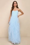 Lulus Delightful Beauty Blue Mesh Strapless Ruched Ruffled Maxi Dress In Blue