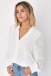 Lulus Delightful Charm White Swiss Dot Button-up Long Sleeve Top In White