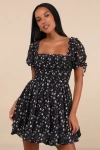 Lulus Delightful Crush Black Floral Smocked Puff Sleeve Mini Dress In Black