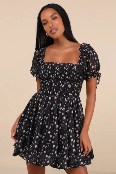 Lulus Delightful Crush Black Floral Smocked Puff Sleeve Mini Dress