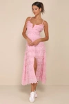 Lulus Delightful Cuteness Pink Lace Ruffled Button-up Maxi Dress In Pink