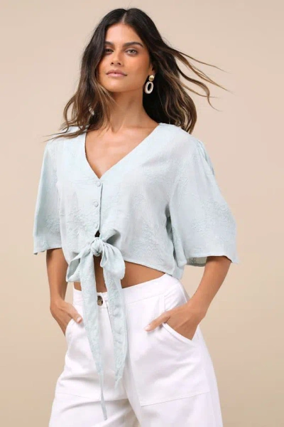 Lulus Delightful Darling Mint Floral Embroidered Tie-front Crop Top In Blue