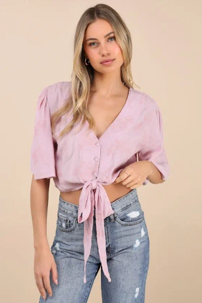 Lulus Delightful Darling Pink Floral Embroidered Tie-front Crop Top