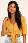 Lulus Delightful Darling Yellow Floral Embroidered Tie-front Crop Top In Yellow