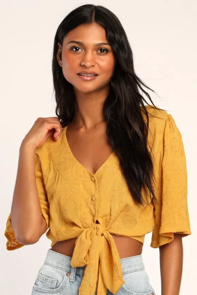 Lulus Delightful Darling Yellow Floral Embroidered Tie-front Crop Top