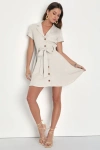 Lulus Delightful Dear Beige Linen Short Sleeve Button-front Mini Dress In Beige