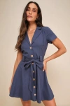 Lulus Delightful Dear Blue Linen Short Sleeve Button-front Mini Dress In Blue