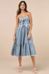 Lulus Delightful Design Dusty Blue Polka Dot Midi Dress With Pockets In Dusty Blue