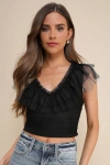Lulus Delightful Destiny Black Mesh Dot Ruffled Crop Top In Black