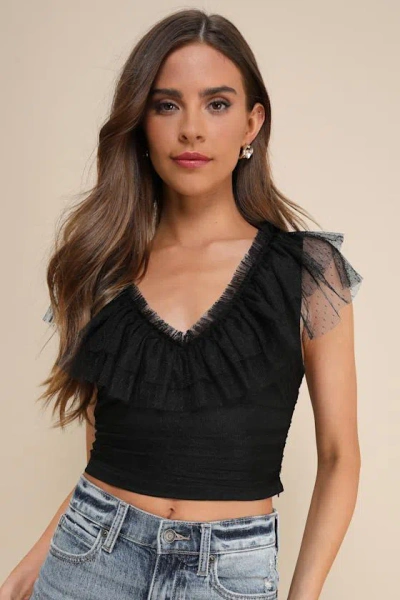 Lulus Delightful Destiny Black Mesh Dot Ruffled Crop Top
