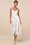 Lulus Delightful Direction White Floral Ruffled Tie-strap Midi Dress In White