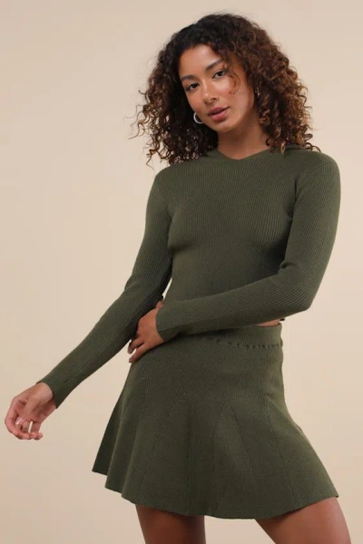 Lulus Delightful Duo Olive Ribbed Hooded Two-piece Sweater Mini Dress In Green
