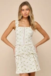 Lulus Delightful Flirt Ivory Twill Floral Embroidered Mini Skirt In Ivory