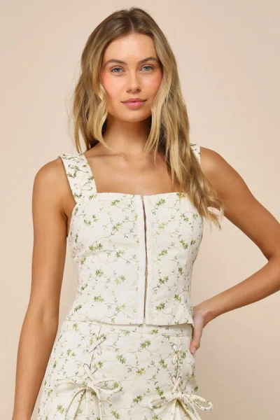 Lulus Delightful Flirt Ivory Twill Floral Embroidered Tank Top