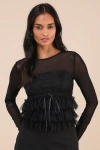 Lulus Delightful Impact Black Mesh Lace Drawstring Long Sleeve Top In Black