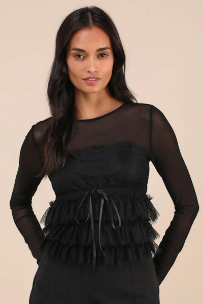 Lulus Delightful Impact Black Mesh Lace Drawstring Long Sleeve Top
