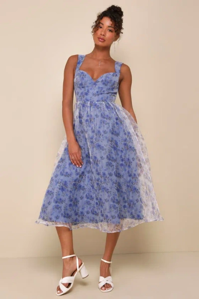 Lulus Delightful Impulse Blue Floral Organza Bustier Midi Dress