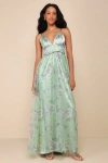 Lulus Delightful Invitation Green Floral Tulle Sleeveless Maxi Dress In Green