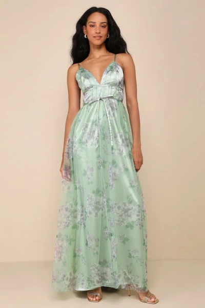 Lulus Delightful Invitation Green Floral Tulle Sleeveless Maxi Dress