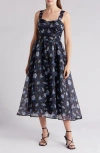 Lulus Delightful Look Black Floral Print Bustier Midi Skater Dress In Black/blue/white