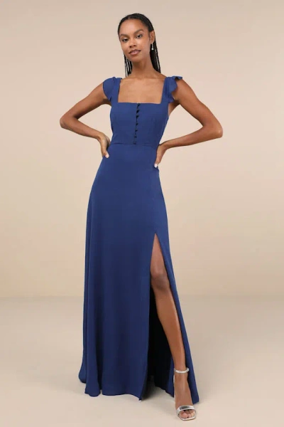Lulus Delightful Loveliness Dark Blue Ruffled Tie-back Maxi Dress