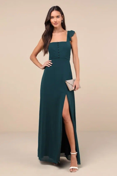 Lulus Delightful Loveliness Emerald Green Ruffled Tie-back Maxi Dress