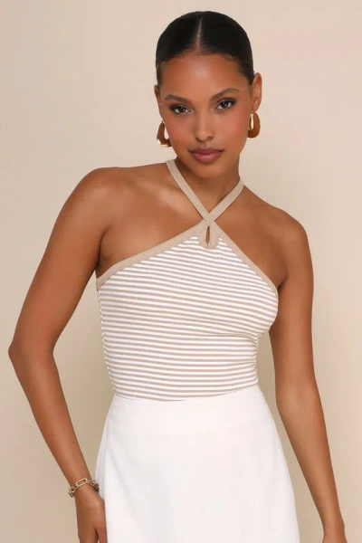 Lulus Delightful Pose Beige Striped Ribbed Knit Keyhole Halter Top