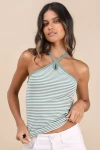 Lulus Delightful Pose Sage Striped Ribbed Knit Keyhole Halter Top