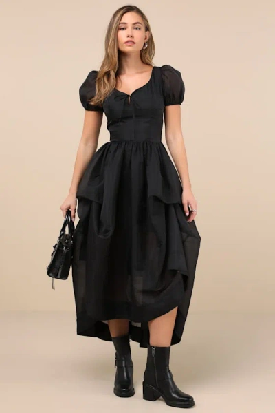 Lulus Delightfully Chic Black Organza Puff Sleeve Midi Dress