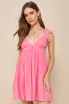 Lulus Delightfully Dainty Pink Tie-strap Babydoll Mini Dress In Pink
