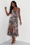Lulus Delightfully Divine Navy Blue Floral Chiffon Wrap Midi Dress In Navy Blue