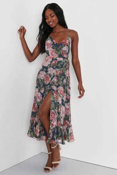 Lulus Delightfully Divine Navy Blue Floral Chiffon Wrap Midi Dress