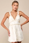 Lulus Delightfully Precious Cream Mesh Embroidered Ruffled Mini Dress In White