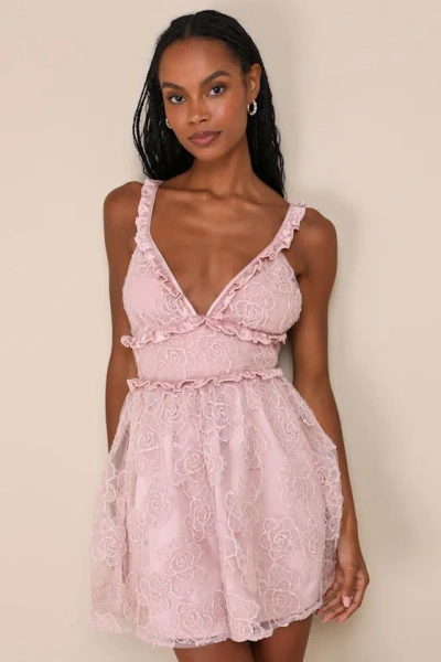 Lulus Delightfully Precious Mauve Mesh Embroidered Ruffled Mini Dress