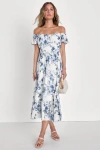 Lulus Delightfully Sweet White Floral Off-the-shoulder Midi Dress In White