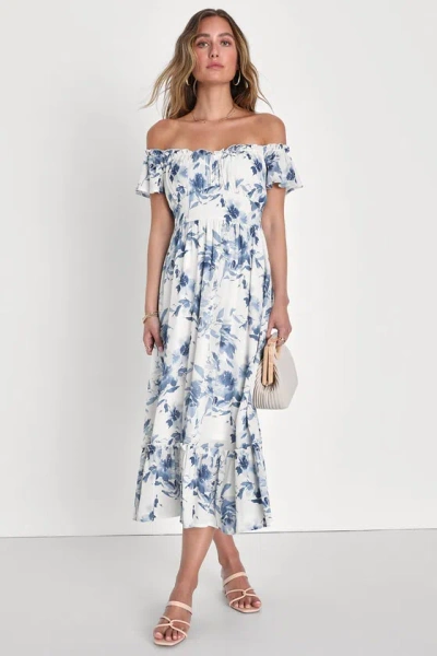 Lulus Delightfully Sweet White Floral Off-the-shoulder Midi Dress