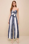 LULUS DELPHI BLUE AND WHITE STRIPED TIE-FRONT STRAPLESS JUMPSUIT