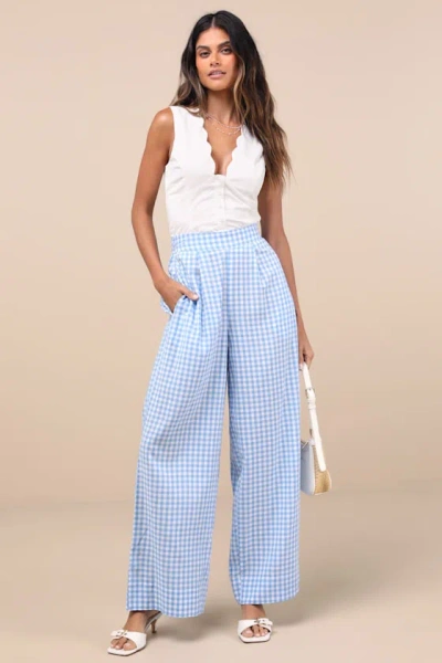 Lulus Delphine Blue And White Gingham Wide-leg Pants