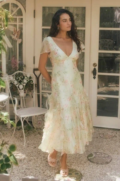 Lulus Deluca Light Green Floral Ruffled Midi Dress In White