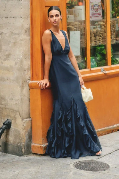 Lulus Deluca Navy Floral Sleeveless Ruffled Maxi Dress In Blue