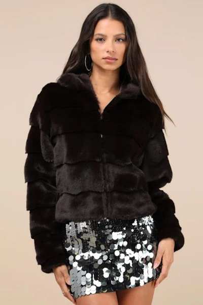 Lulus Deluxe Comfort Dark Brown Faux Fur Hooded Jacket