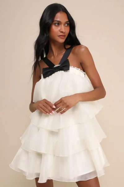 Lulus Deluxe Vision Ivory And Black Tiered Bow Shift Mini Dress
