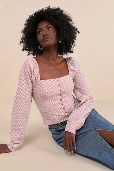 Lulus Demure And Sweet Terracotta Gingham Button-front Long Sleeve Top In Pink