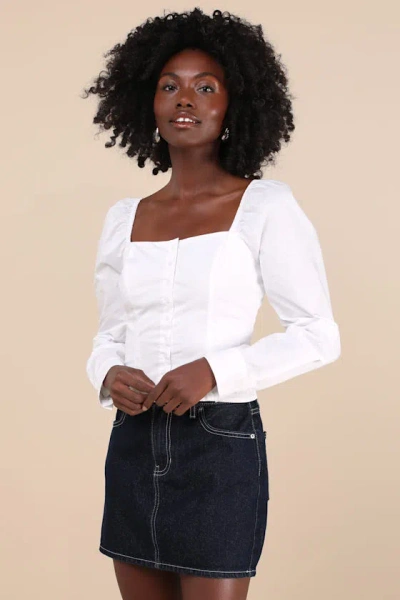 Lulus Demure And Sweet White Button-front Long Sleeve Top