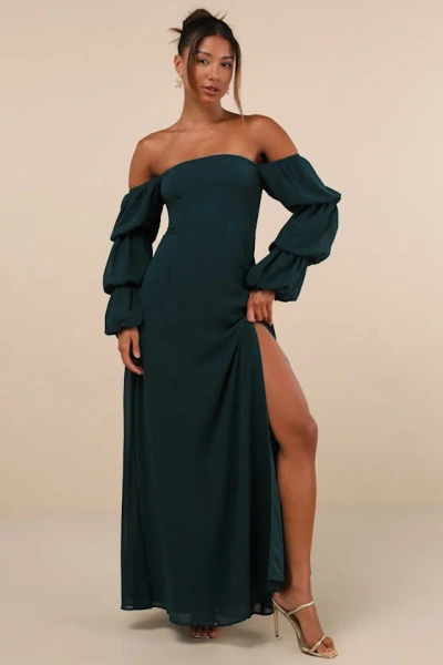 Lulus Demure Aura Emerald Tiered Balloon Sleeve Off-the-shoulder Dress In Green